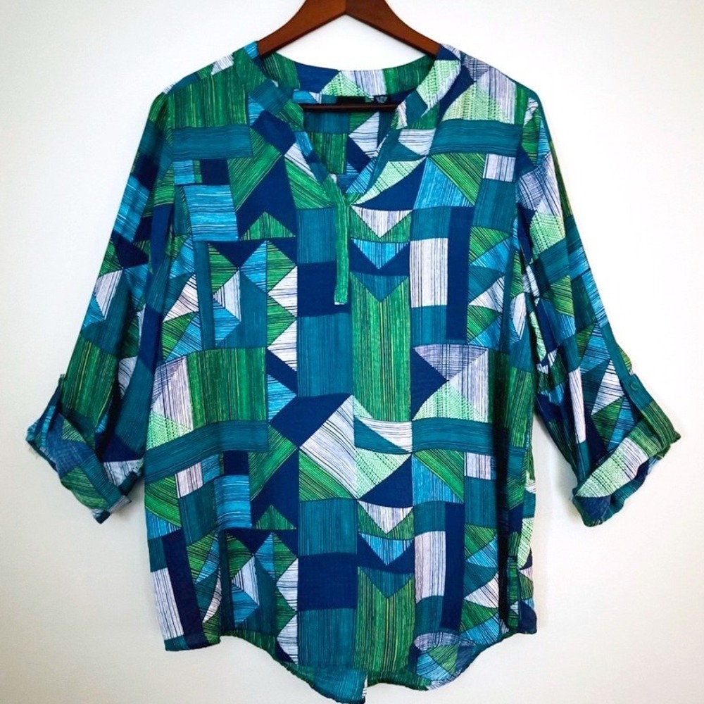 Westbound Geometric Print Relaxed Top Sz XL Blue Green 3/4 Sleeve Casual Modern
